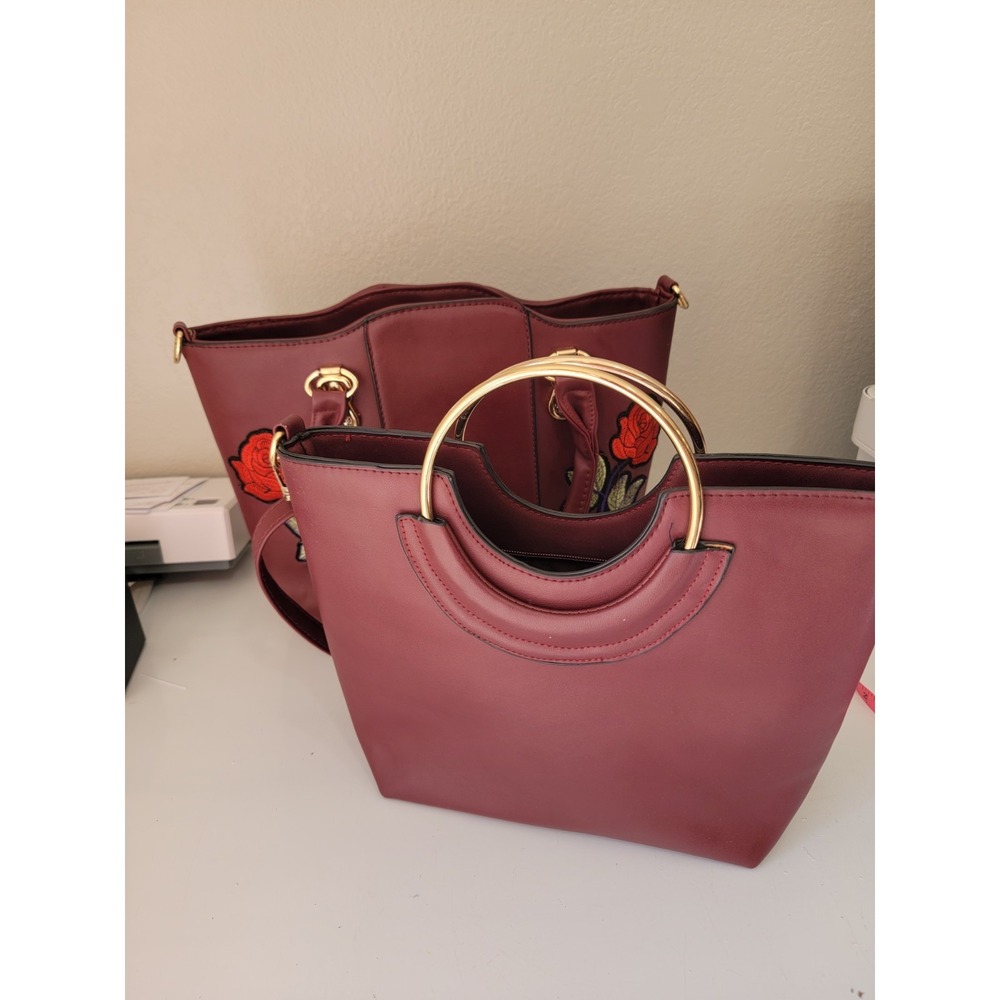 Vintage Women's Burgundy Floral Embroidered 2-Piece Handbag Set Gold Tone - Picture 6 of 11